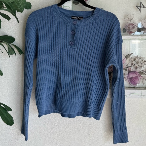 Simply Aster Sweaters - Simply Aster Blue Ribbed Henley Sweater Size Small